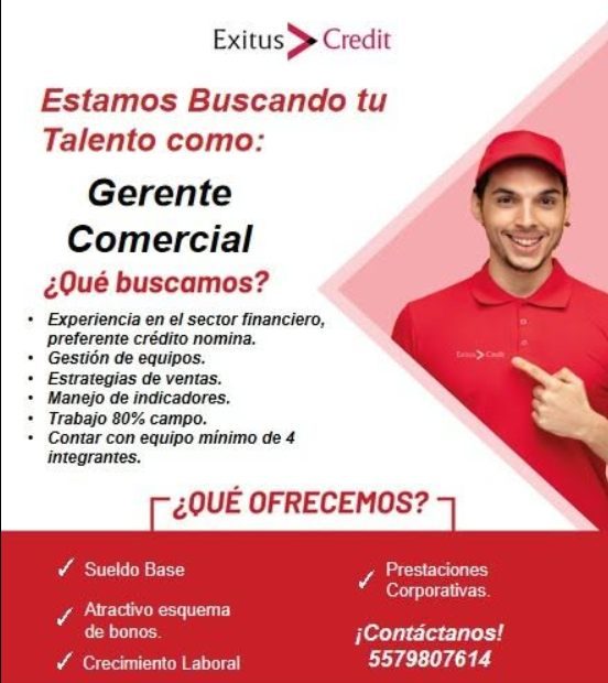 Banner del anuncio de la vacante: Exitus > Credit · Estamos Buscando tu · Talento como: · Gerente · Comercial · ¿Qué buscamos? · • Experiencia en el sector financiero, · pref