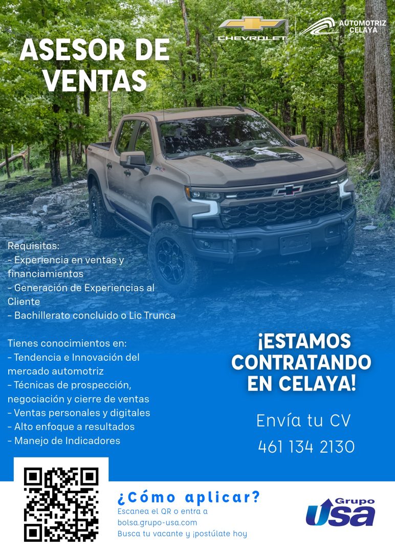 Banner del anuncio de la vacante: AUTOMOTRIZ · CELAYA · ASESOR DE · VENTAS · EHEVROLET · Requisitos: · - Experiencia en ventas y · financiamientos · - Generación de Experienc