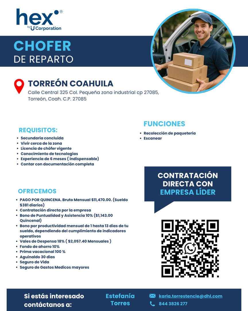 Banner del anuncio de la vacante: hex®® · by U Corporation · CHOFER · DE REPARTO · TORREÓN COAHUILA · Calle Central 325 Col. Pequeña zona industrial cp 27085, · Torreón, Coah