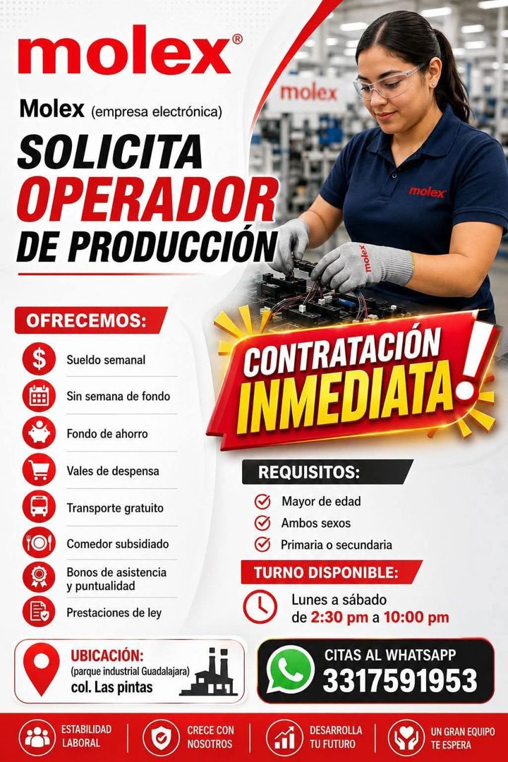 Banner del anuncio de la vacante: molex® · Molex (empresa electrónica) · SOLICITA · OPERADOR · DE PRODUCCIÓN · molex · molex · molex · OFRECEMOS: · $ · Sueldo semanal · Sin s