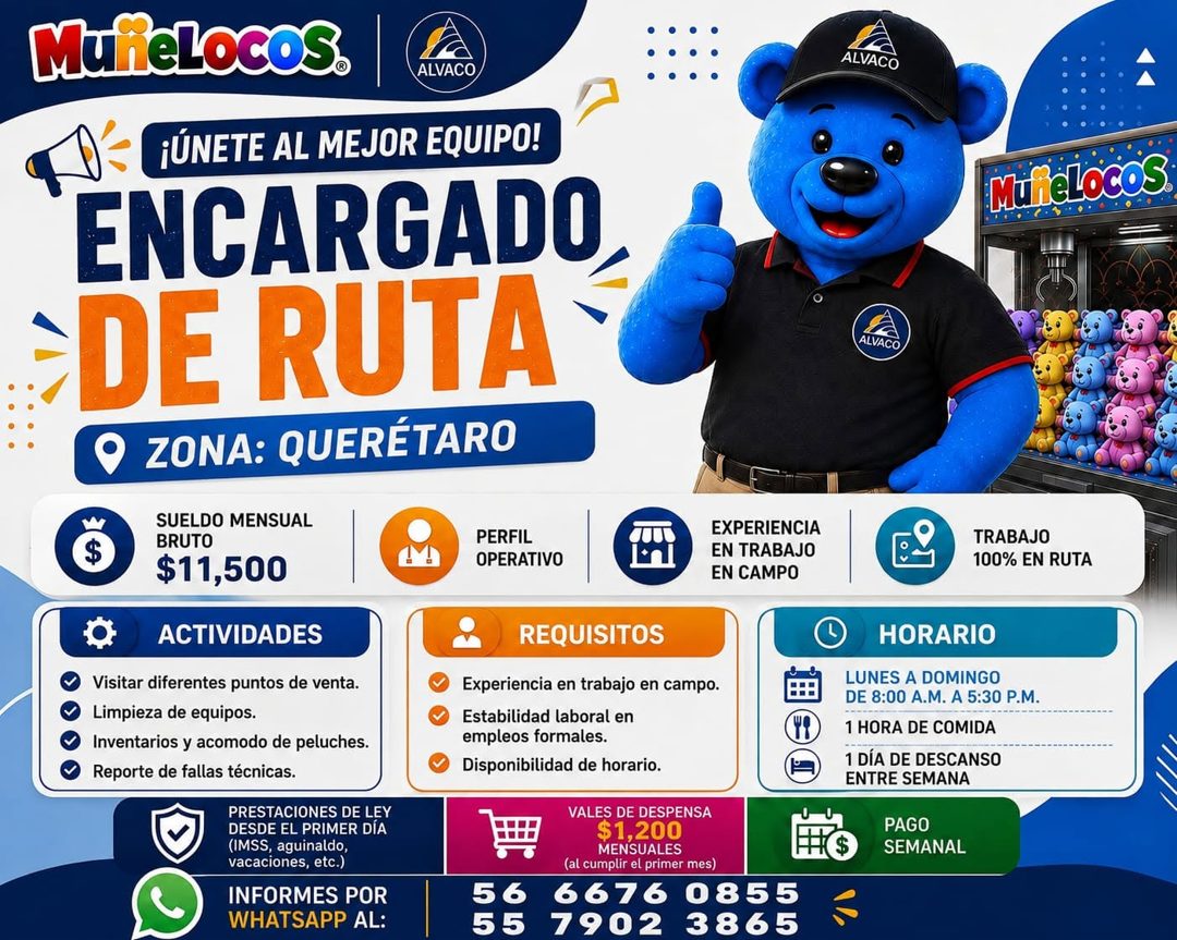 Banner del anuncio de la vacante: MuñeLocos. · ALVACO · ¡ÚNETE AL MEJOR EQUIPO! · ENCARGADO, · DE RUTA · ZONA: QUERÉTARO · ALVACO · MuReLocos® · ALVACO · SUELDO MENSUAL · BRU