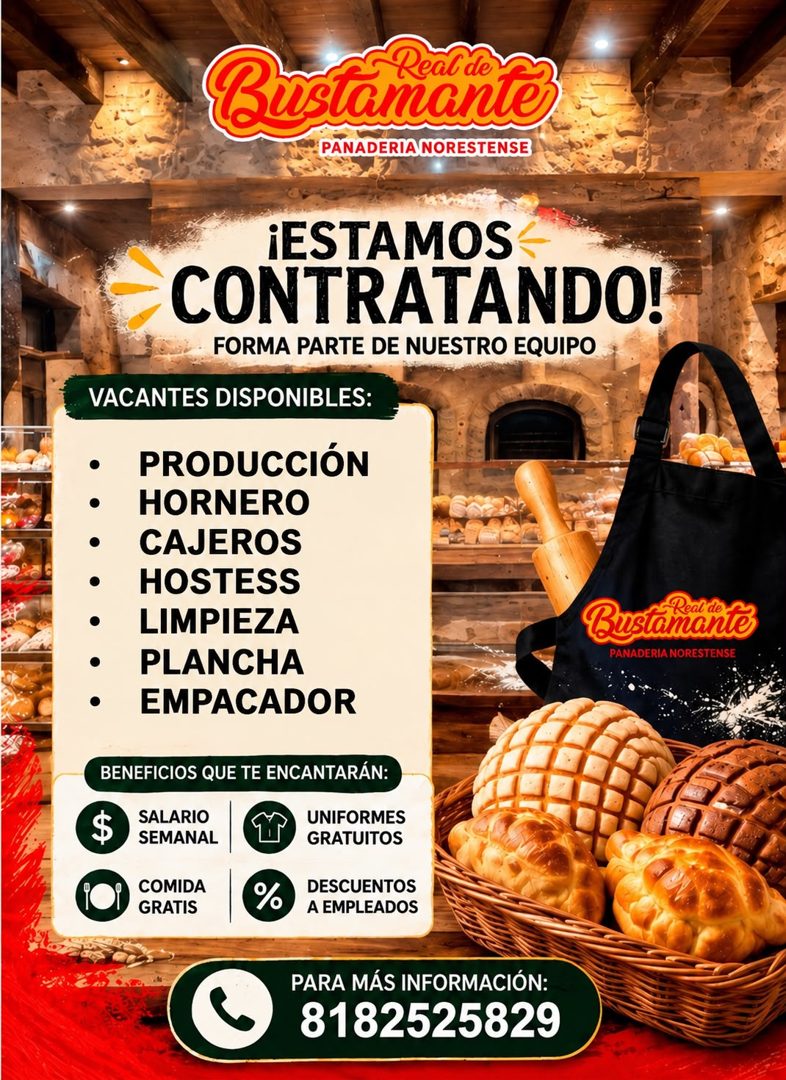 Banner del anuncio de la vacante: Bustamante® · PANADERIA NORESTENSE · ¡ESTAMOS · CONTRATANDO! · FORMA PARTE DE NUESTRO EQUIPO · VACANTES DISPONIBLES: · • PRODUCCIÓN · • HORN
