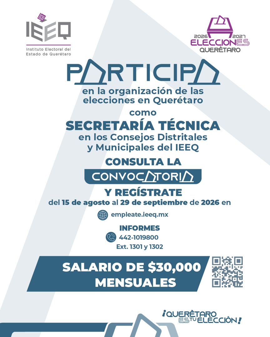 Banner del anuncio de la vacante: Instituto Electoral del · Estado de Querétaro · 20261 · 2027 · ELECCIONES · QUERÉTARO · PARTICIPA · en la organización de las · elecciones e