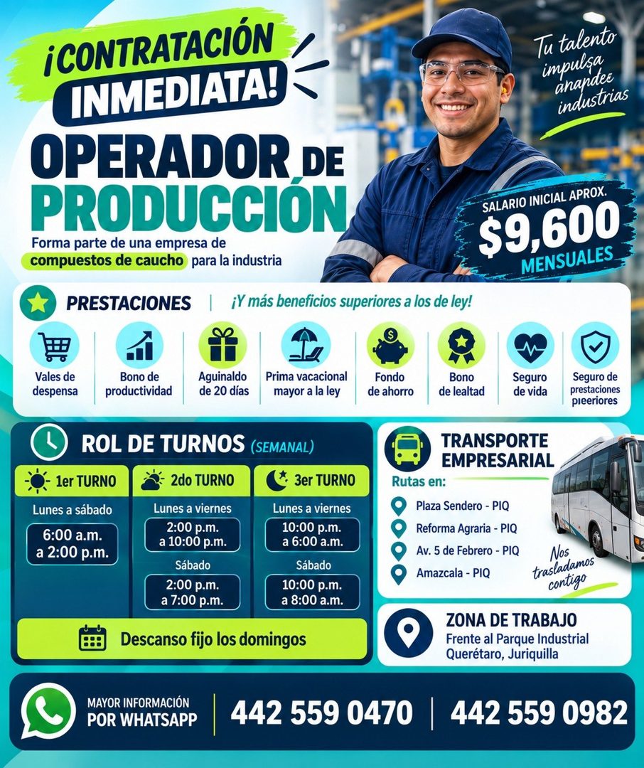 Banner del anuncio de la vacante: ¡CONTRATACIÓN · INMEDIATA! · OPERADOR DE · PRODUCCION · Forma parte de una empresa de · compuestos de caucho para la industria · PRESTACIONE