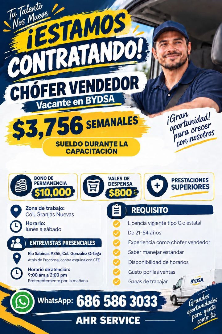 Banner del anuncio de la vacante: Tu Talento · Nos Mueve · ¡ESTAMOS · CONTRATANDO! · CHÓFER VENDEDOR · Vacante en BYDSA · $3,7566 SEMANALES · SUELDO DURANTE LA · CAPACITACIÓN