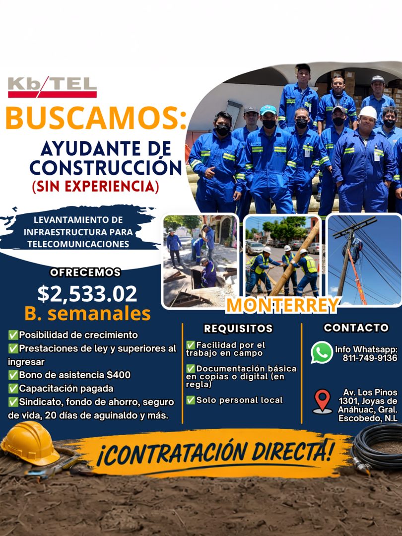 Banner del anuncio de la vacante: Kb/TEL · BUSCAMOS: · AYUDANTE DE · CONSTRUCCION · (SIN EXPERIENCIA) · LEVANTAMIENTO DE · INFRAESTRUCTURA PARA · TELECOMUNICACIONES · OFRECEM