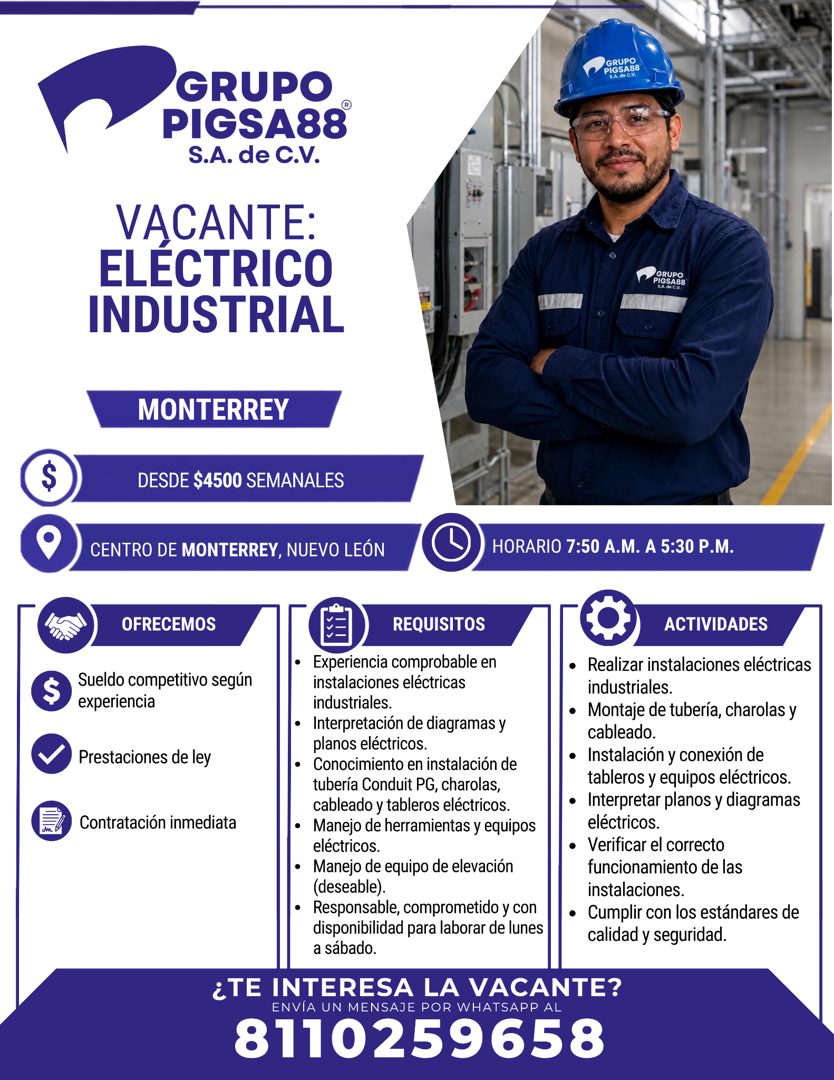 Banner del anuncio de la vacante: $ · $ · GRUPO · PIGSA88 · S.A. de C.V · GRUPO · PIGSA88® · S.A. de C.V. · VACANTE: · ELECTRICO · INDUSTRIAL · GRUPO · PIGSABE · NAL de C · M
