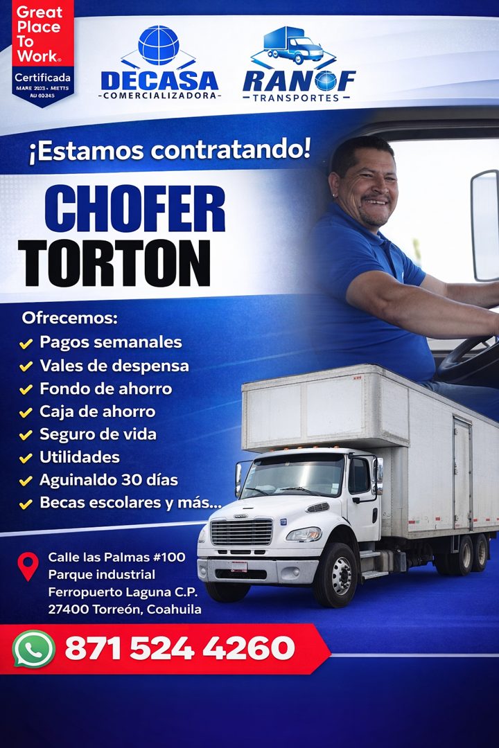 Banner del anuncio de la vacante: Great · Place · To · Work® · Certificada · MARE 2003 • NEETTS · AU eoa4S · DECASA · -COMERCIALIZADORA- · RANOF · - TRANSPORTES - · ¡Estamos 