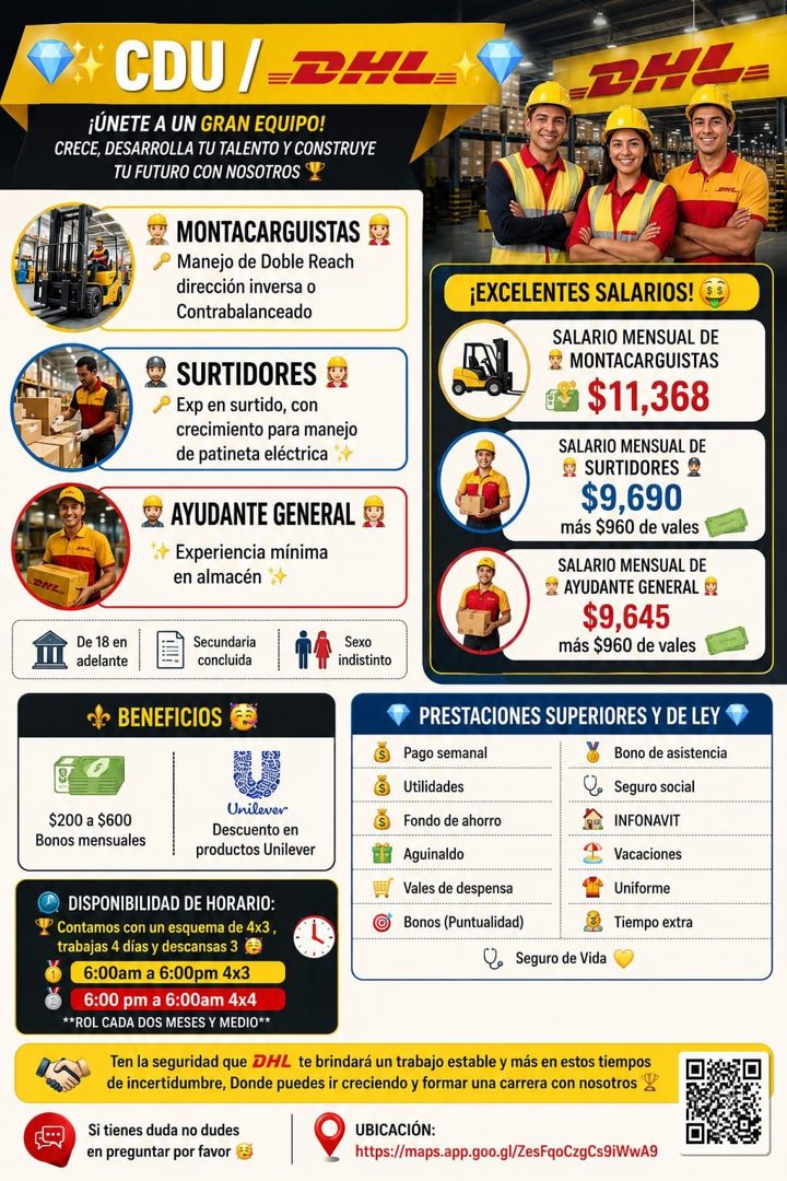 Banner del anuncio de la vacante: CDU /=2HL- · ¡ÚNETE A UN GRAN EQUIPO! · CRECE, DESARROLLA TU TALENTO Y CONSTRUYE · TU FUTURO CON NOSOTROS · MONTACARGUISTAS · P Manejo de Do
