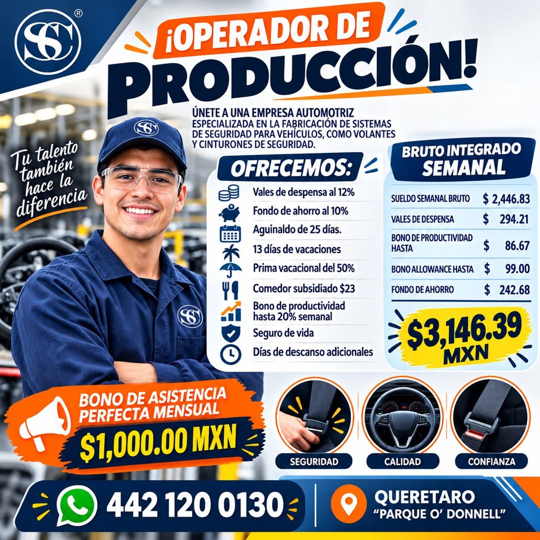 Banner del anuncio de la vacante: Tu talento · también · hace la · diferencia · ¡OPERADOR DE · PRODUCCIÓN! · ÚNETE A UNA EMPRESA AUTOMOTRIZ · ESPECIALIZADA EN LA FABRICACIÓN 
