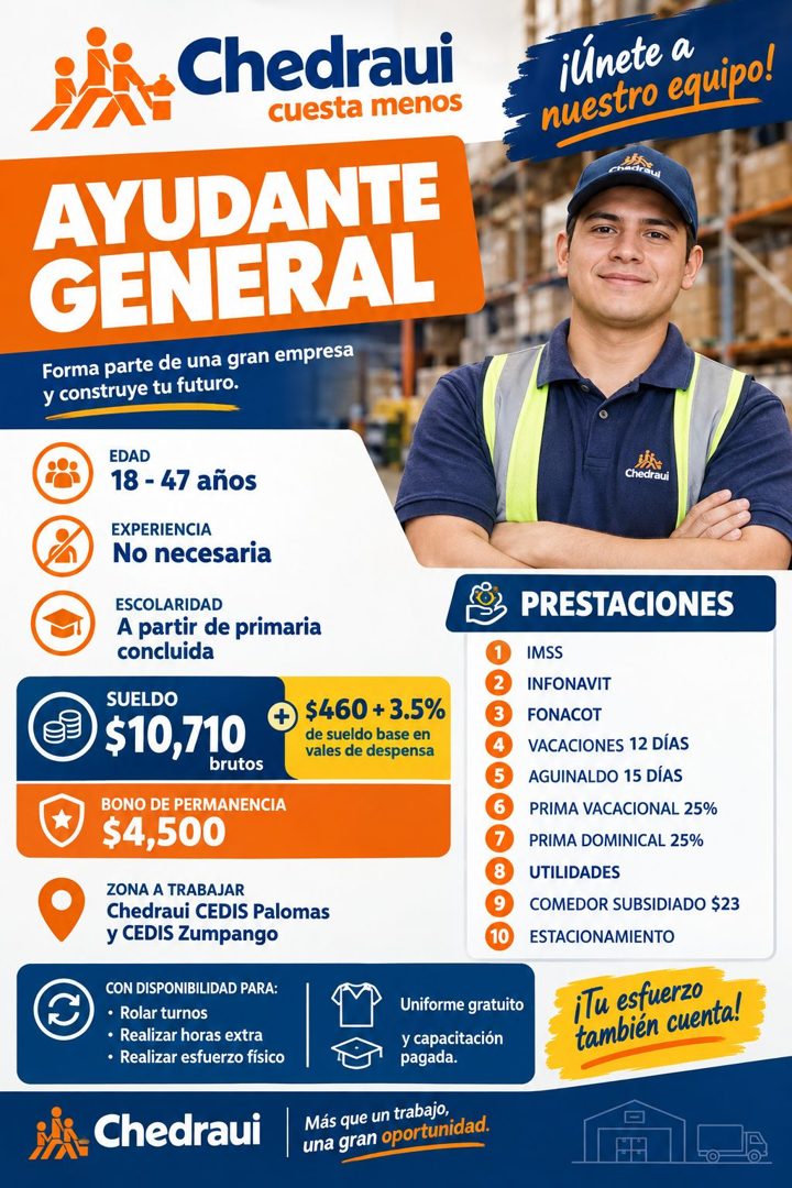 Banner del anuncio de la vacante: Chedraui · cuesta menos · ¡Unete a · nuestro equipo! · AYUDANTE · GENERAL · Forma parte de una gran empresa · y construye tu futuro. · EDAD 