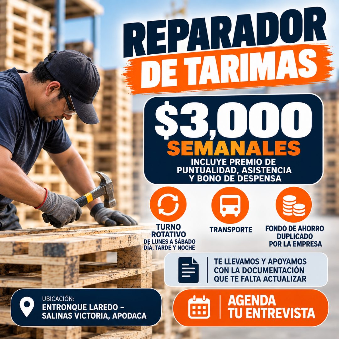 Banner del anuncio de la vacante: REPARADOR · DE TARIMAS · $3.000 · SEMANALES · INCLUYE PREMIO DE · PUNTUALIDAD, ASISTENCIA · Y BONO DE DESPENSA · TURNO · ROTATIVO · DE LUNES