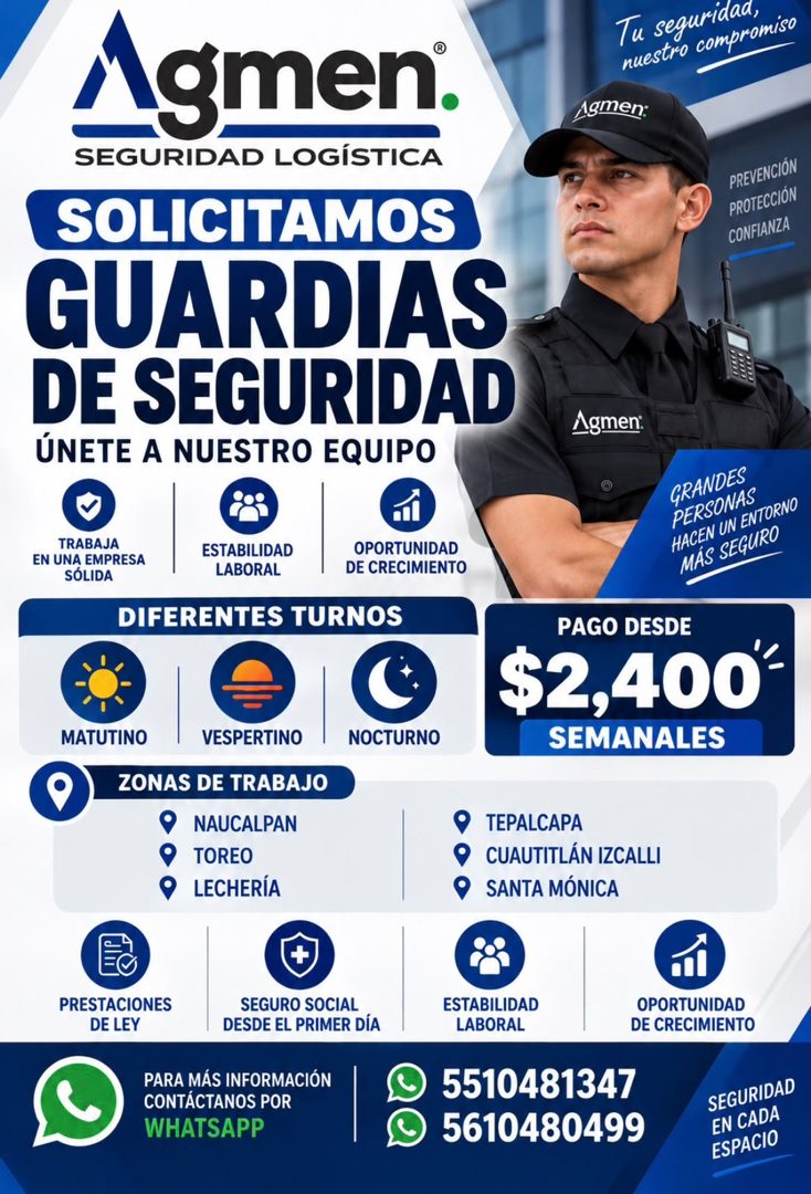 Banner del anuncio de la vacante: Agmen. · SEGURIDAD LOGÍSTICA · SOLICITAMOS · GUARDIAS · DE SEGURIDAD · ÚNETE A NUESTRO EQUIPO · Tu seguridar, · nuestro compromiso · Agmen: 