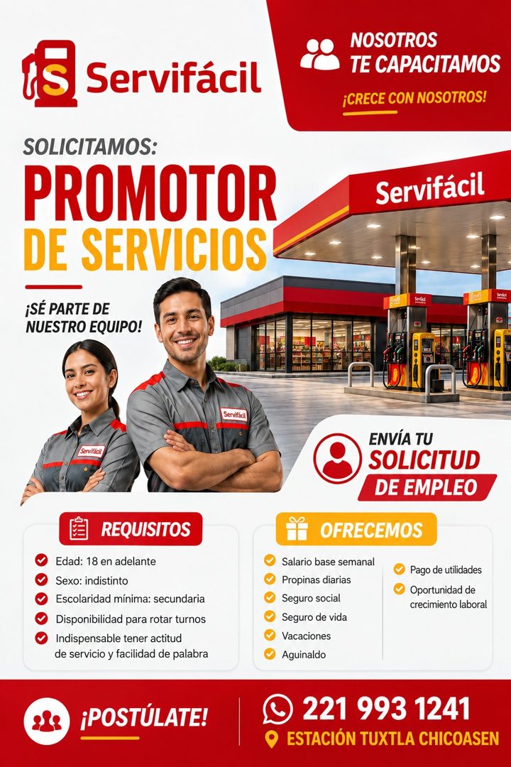 Banner del anuncio de la vacante: Servifácil · NOSOTROS · TE CAPACITAMOS · ¡CRECE CON NOSOTROS! · SOLICITAMOS: · PROMOTOR · DE SERVICIOS · ¡SÉ PARTE DE · NUESTRO EQUIPO! · Se