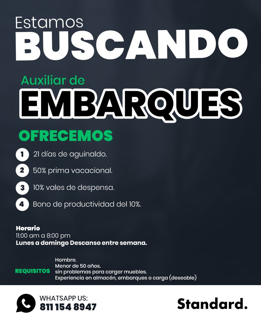 Banner del anuncio de la vacante: Estamos · BUSCANDO · Auxiliar de · EMBARQUES · OFRECEMOS · 21 días de aguinaldo. · 50% prima vacacional. · 10% vales de despensa. · Bono de 