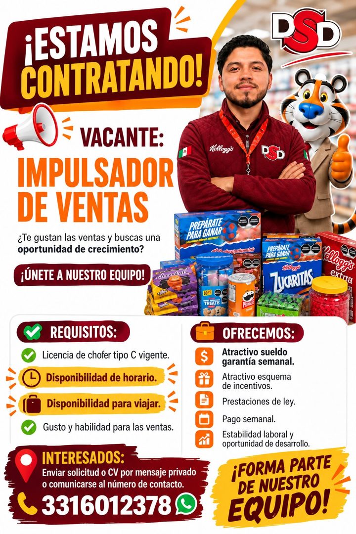 Banner del anuncio de la vacante: ¡ESTAMOS · CONTRATANDO! · DSD · VACANTE: · IMPULSADOR · DE VENTAS · ¿Te gustan las ventas y buscas una · oportunidad de crecimiento? · ¡ÚNET