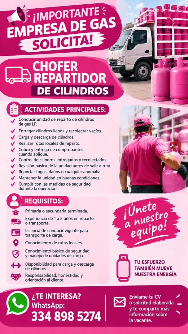 Banner del anuncio de la vacante: ¡IMPORTANTE · EMPRESA DE GAS · SOLICITA! · CHOFER · REPARTIDOR · DE CILINDROS · ACTIVIDADES PRINCIPALES: · Conducir unidad de reparto de cil