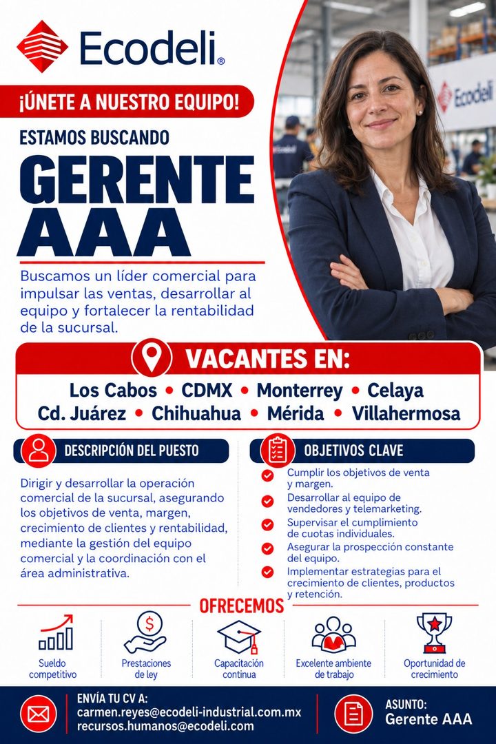 Banner del anuncio de la vacante: Ecodeli. · ¡ÚNETE A NUESTRO EQUIPO! · ESTAMOS BUSCANDO · GERENTE · AAA · Buscamos un líder comercial para · impulsar las ventas, desarrollar