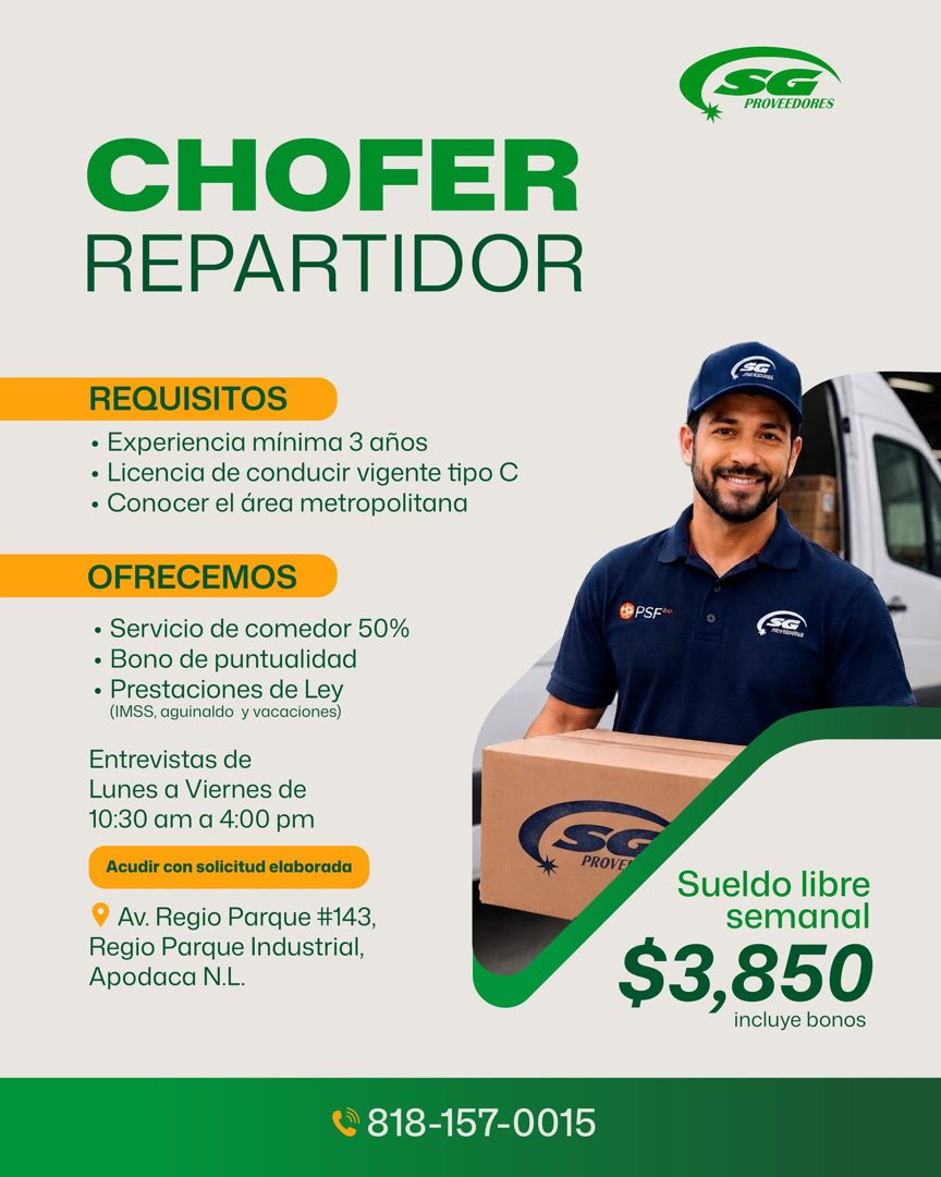 Banner del anuncio de la vacante: •Y c · PROVEEDORES · CHOFER · REPARTIDOR · REQUISITOS · • Experiencia mínima 3 años · • Licencia de conducir vigente tipo C · • Conocer el á