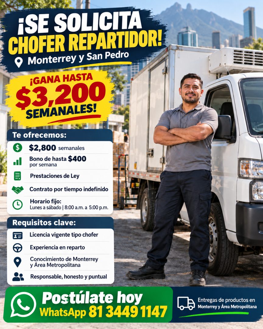 Banner del anuncio de la vacante: ¡SE SOLICITA · CHOFER REPARTIDOR! · • Monterrey y San Pedro · ¡GANA HASTA · $3,200 · SEMANALES. · Te ofrecemos: · $ · $2,800 semanales · Bon