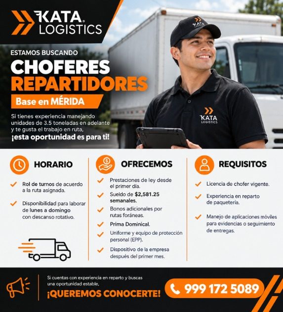 Banner del anuncio de la vacante: KATA. · LOGISTICS · ESTAMOS BUSCANDO · CHOFERES · REPARTIDORES · Base en MÉRIDA · Si tienes experiencia manejando · unidades de 3.5 tonelada