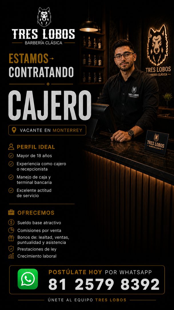Banner del anuncio de la vacante: TRES LOBOS · BARBERÍA CLÁSICA · ESTAMOS + · CONTRATANDO · TRES LOBOS · ABERÍA CLÁSICA - · CAJERO · VACANTE EN MONTERREY · TRES LOBOS · PERFI