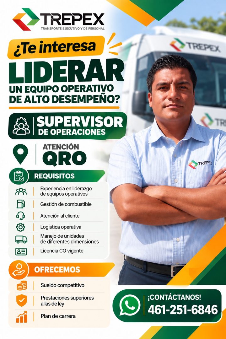 Banner del anuncio de la vacante: TREPEX · TRANSPORTE EJECUTIVO Y DE PERSONAL · ¿Te interesa · LIDERAR · UN EQUIPO OPERATIVO · DE ALTO DESEMPEÑO? · SUPERVISOR · DE OPERACIONE