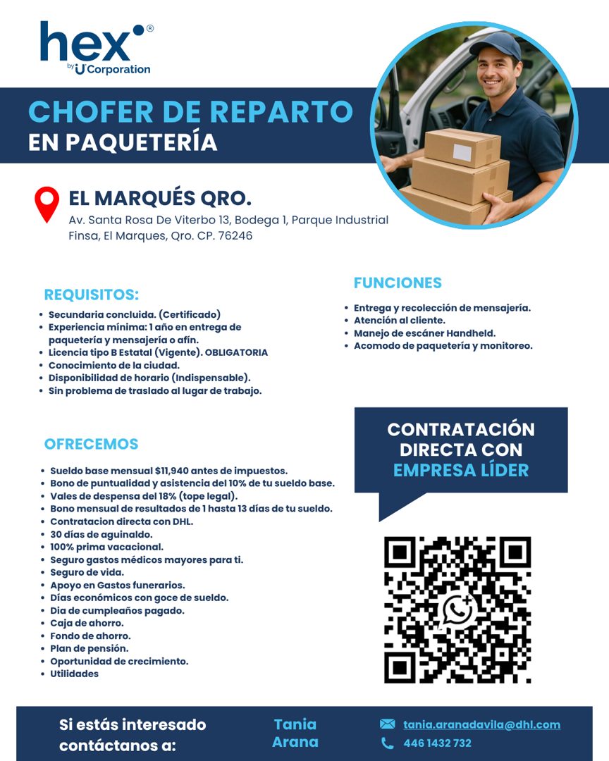 Banner del anuncio de la vacante: hex®® · by U Corporation · CHOFER DE REPARTO · EN PAQUETERÍA · EL MARQUÉS QRO. · Av. Santa Rosa De Viterbo 13, Bodega 1, Parque Industrial ·