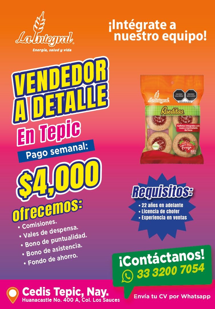 Banner del anuncio de la vacante: Lalntegral. · Energía, salud y vida · VENDEDOR · A DETALLE · En Tepic · Pago semanal: · SA.000 · ofrecemos: · • Comisiones. · • Vales de des
