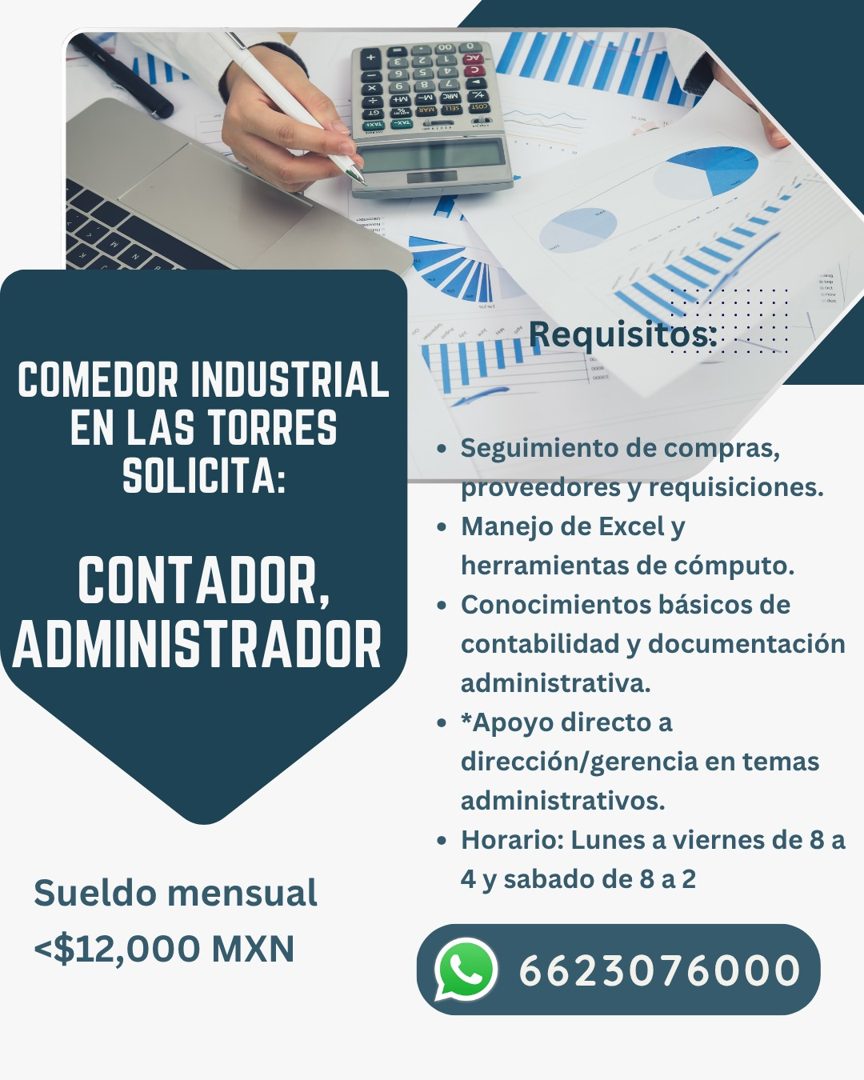 Banner del anuncio de la vacante: + 0x0 · COMEDOR INDUSTRIAL · EN LAS TORRES · SOLICITA: · CONTADOR, · ADMINISTRADOR · Sueldo mensual · <$12,000 MXN · VillRequisitos: · • Seg