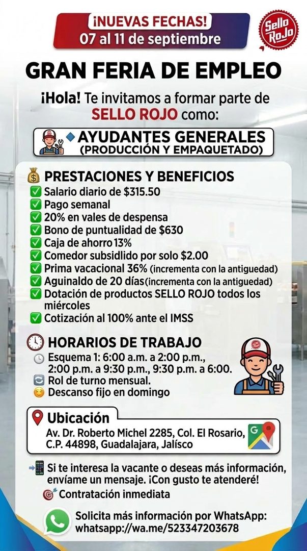 Banner del anuncio de la vacante: ¡NUEVAS FECHAS! · 07 al 11 de septiembre · Sello · ROJO · GRAN FERIA DE EMPLEO · ¡Hola! Te invitamos a formar parte de · SELLO ROJO como: · 