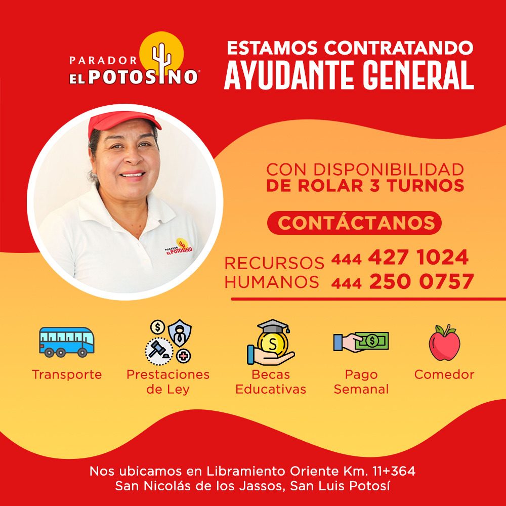 Banner del anuncio de la vacante: ESTAMOS CONTRATANDO · PARADOR · PAPOTOSINO AYUDANTE CENERAL · POTOSINO · CON DISPONIBILIDAD · DE ROLAR 3 TURNOS · CONTÁCTANOS · RECURSOS 444