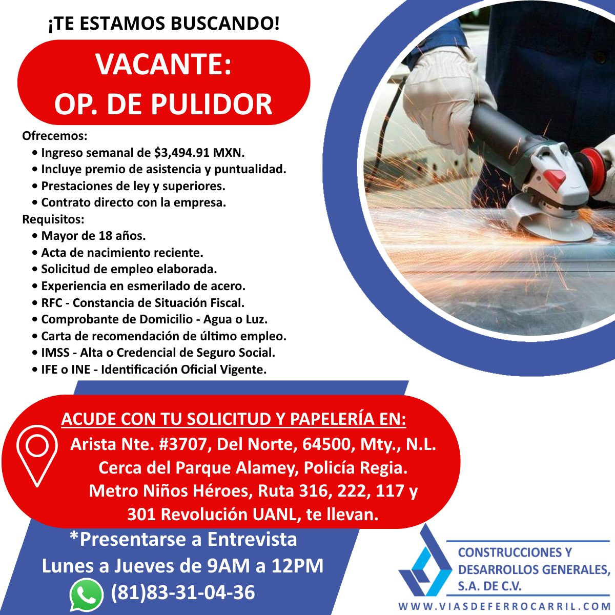 Banner del anuncio de la vacante: ¡TE ESTAMOS BUSCANDO! · VACANTE: · OP. DE PULIDOR · Ofrecemos: · • Ingreso semanal de $3,494.91 MXN. · • Incluye premio de asistencia y punt