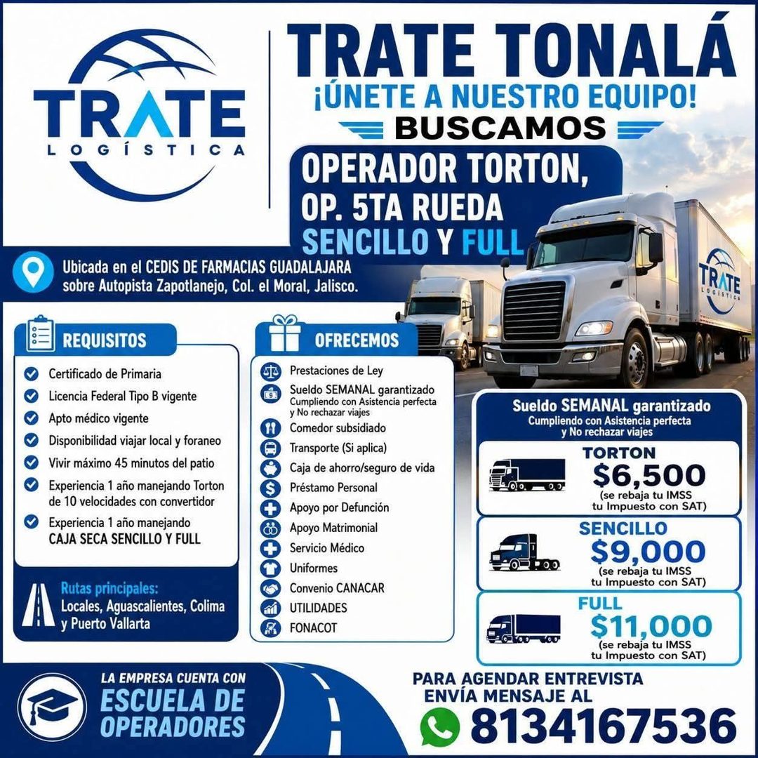 Banner del anuncio de la vacante: TRATE TONALÁ · TRATE · GISTI · C · ¡UNETE A NUESTRO EQUIPO! · = BUSCAMOS · L · A · OPERADOR TORTON, · OP. 5TA RUEDA · SENCILLO Y FULL · Ubic