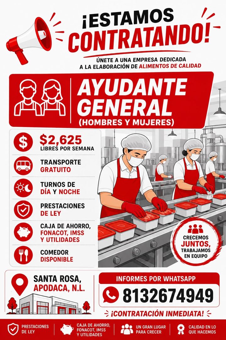 Banner del anuncio de la vacante: ¡ESTAMOS · CONTRATANDO!- · ÚNETE A UNA EMPRESA DEDICADA · A LA ELABORACIÓN DE ALIMENTOS DE CALIDAD · AYUDANTE · GENERAL · (HOMBRES Y MUJERES
