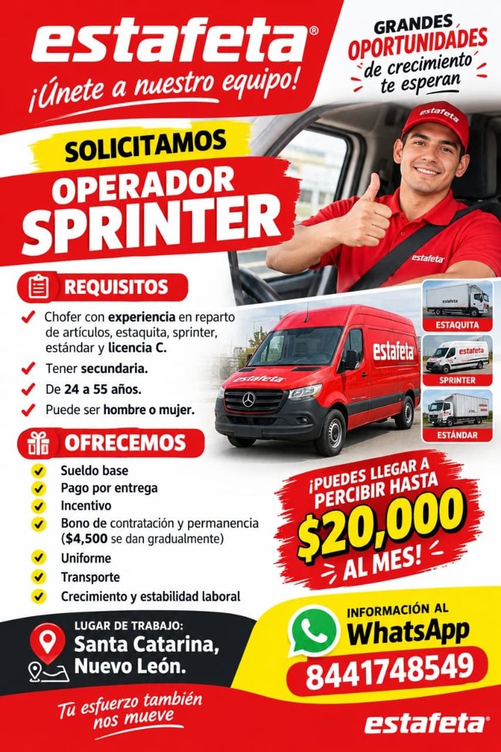 Banner del anuncio de la vacante: estafeta® · ¡Únete a nuestro equipo! · SOLICITAMOS · OPERADOR · SPRINTER · REQUISITOS · Chofer con experiencia en reparto · de artículos, es
