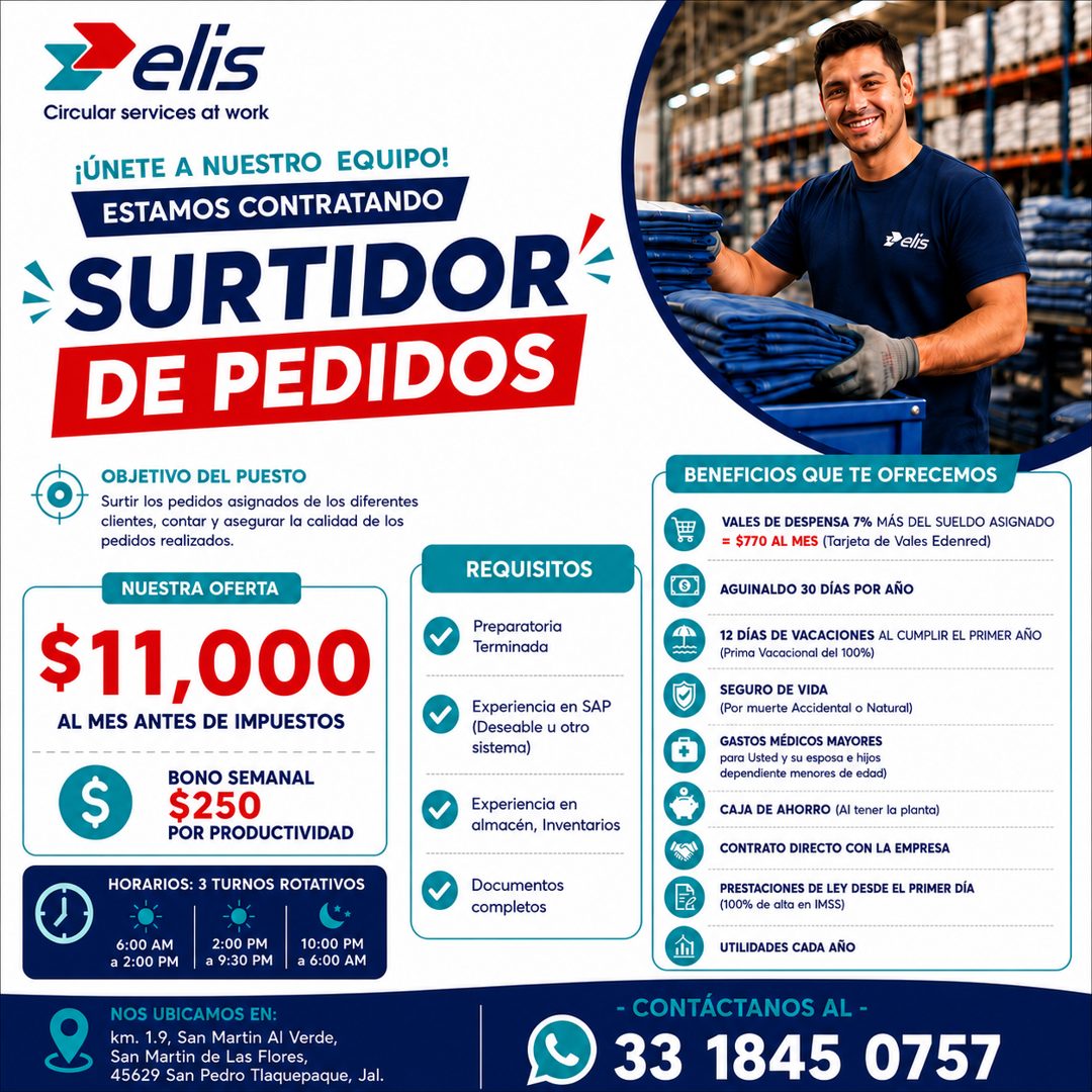 Banner del anuncio de la vacante: Circular services at work · ¡ÚNETE A NUESTRO EQUIPO! · ESTAMOS CONTRATANDO · SURTIDOR · DE PEDIDOS · Delis · OBJETIVO DEL PUESTO · Surtir lo