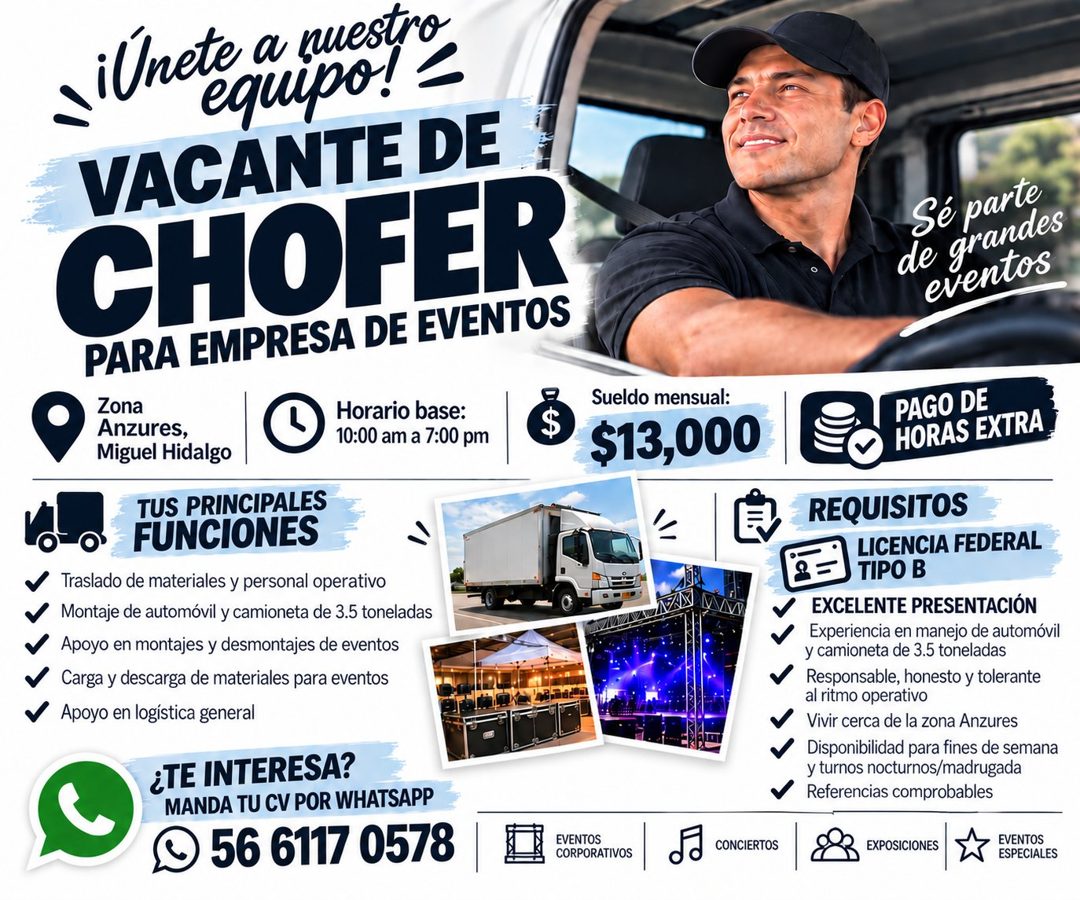 Banner del anuncio de la vacante: ¡Unete a nuestro · equipo! < · VACANTE DE · CHOFER · PARA EMPRESA DE EVENTOS · Zona · Anzures, · Horario base: · 10:00 am a 7:00 pm · Miguel