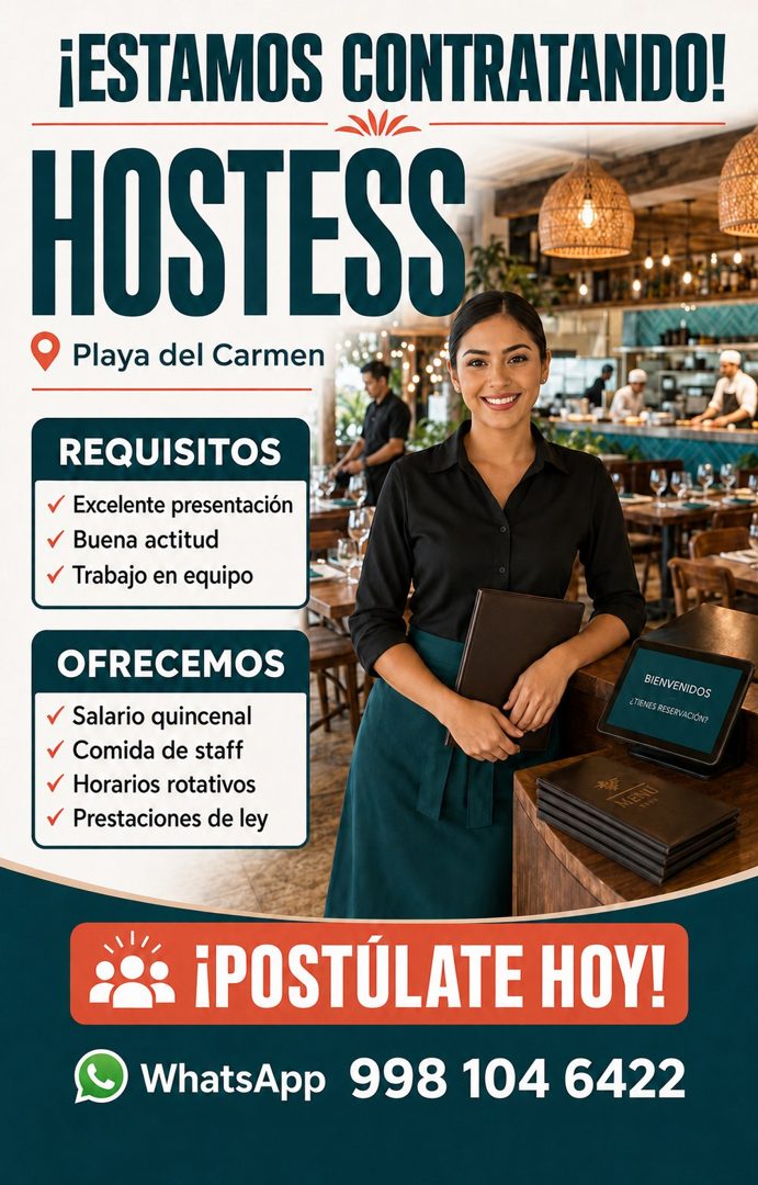Banner del anuncio de la vacante: ¡ESTAMOS CONTRATANDO! · HOSTESS® · Playa del Carmen · REQUISITOS · Excelente presentación · Buena actitud · v Trabajo en equipo · OFRECEMOS 