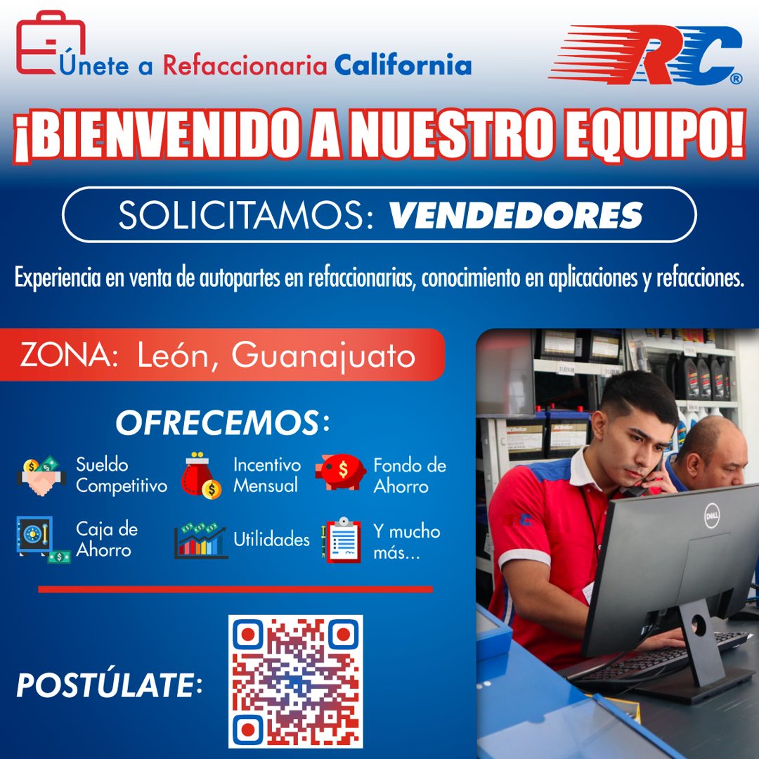 Banner del anuncio de la vacante: Unete a Refaccionaria California · ¡BIENVENIDO A NUESTRO EQUIPO! · SOLICITAMOS: VENDEDORES · Experiencia en venta de autopartes en refaccion