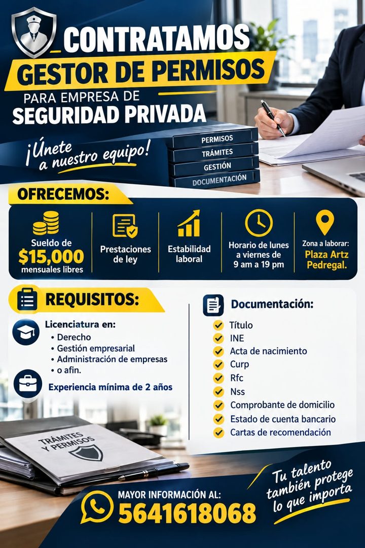 Banner del anuncio de la vacante: CONTRATAMOS · GESTOR DE PERMISOS · PARA EMPRESA DE · SEGURIDAD PRIVADA · ¡Unete · a nuestro equipo! · PERMISOS · TRÁMITES · GESTIÓN · DOCUME