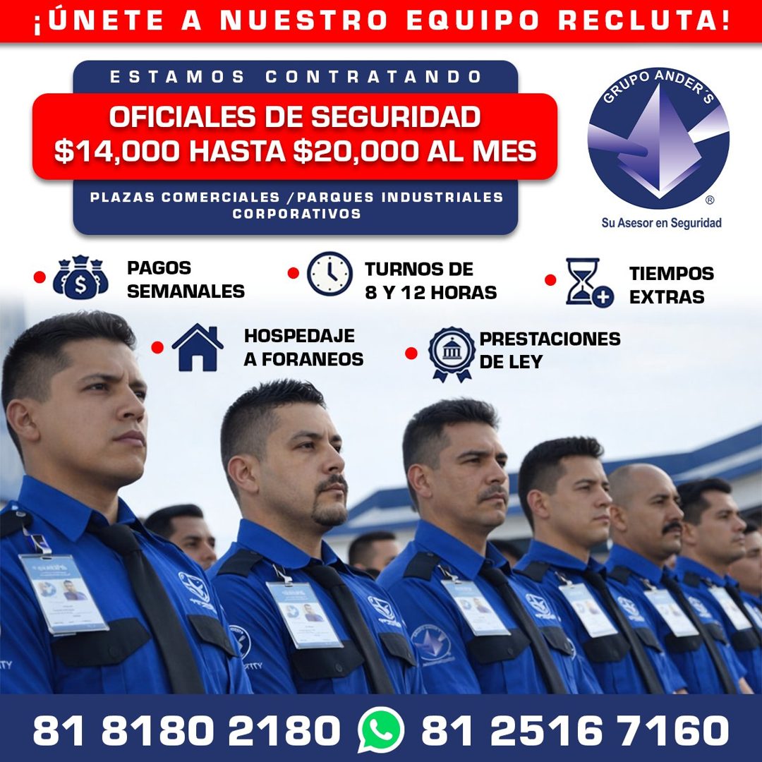 Banner del anuncio de la vacante: ¡UNETE A NUESTRO EQUIPO RECLUTA! · ESTAMOS CONTRATANDO · OFICIALES DE SEGURIDAD · $14,000 HASTA $20,000 AL MES · PLAZAS COMERCIALES / PARQUE