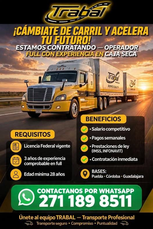 Banner del anuncio de la vacante: Trabai · ¡CAMBIATE DE CARRIL Y ACELERA · TU FUTURO! · ESTAMOS CONTRATANDO - OPERADOR · FULL CON EXPERIENCIA EN CAJA SECA · traba · SISNESS O