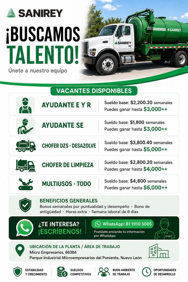 Banner del anuncio de la vacante: SANIREY · ¡BUSCAMOS · TALENTO! · Únete a nuestro equipo · ASANIREY · ASANIREY · VACANTES DISPONIBLES · AYUDANTE E Y R · Sueldo base: $2,200.