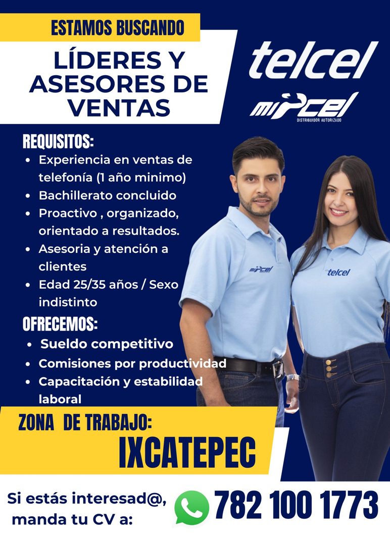 Banner del anuncio de la vacante: ESTAMOS BUSCANDO · LÍDERES Y · ASESORES DE · VENTAS · REQUISITOS: · • Experiencia en ventas de · telefonía (1 año minimo) · • Bachillerato c