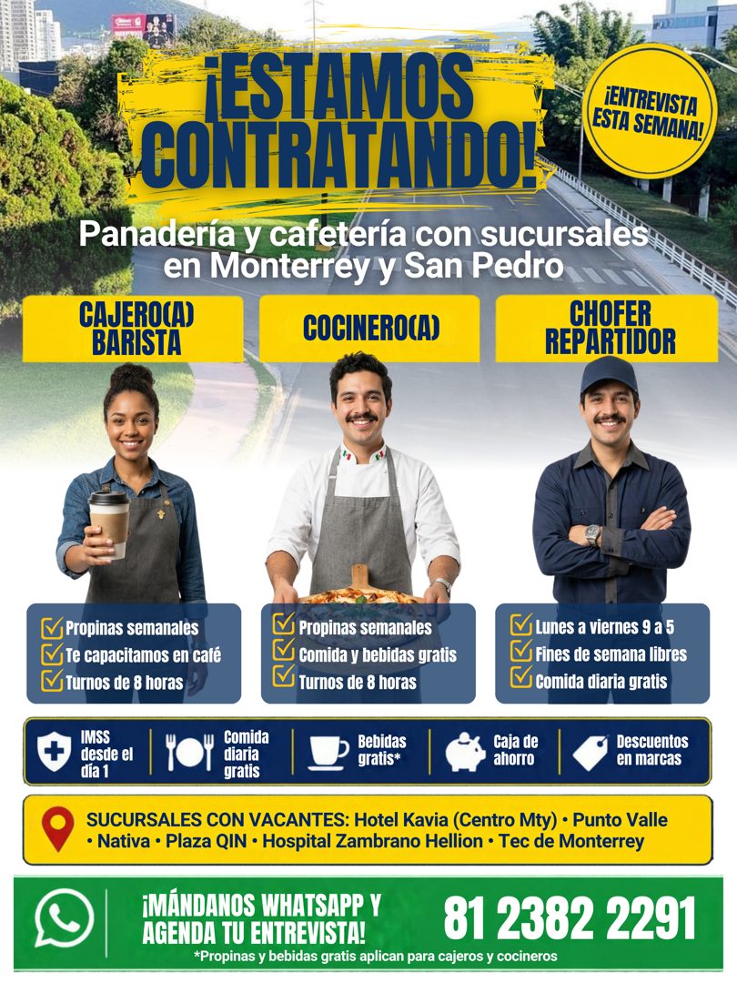 Banner del anuncio de la vacante: ESTAMOS · ¡ENTREVISTA · ESTA SEMANA! · CONTRATANDOL · Panadería y cafetería con sucursales · en Monterrey y San Pedro · CAJEROCA) · COCINERO