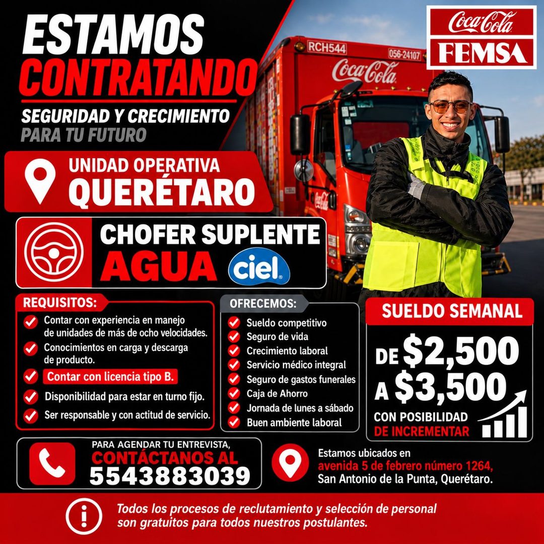 Banner del anuncio de la vacante: ESTAMOS · CONTRATANDO · SEGURIDAD Y CRECIMIENTO · PARA TU FUTURO · RCH544 · 056-24107 · Coca-Cola · Coca-Cola · FEMSA · UNIDAD OPERATIVA · Q