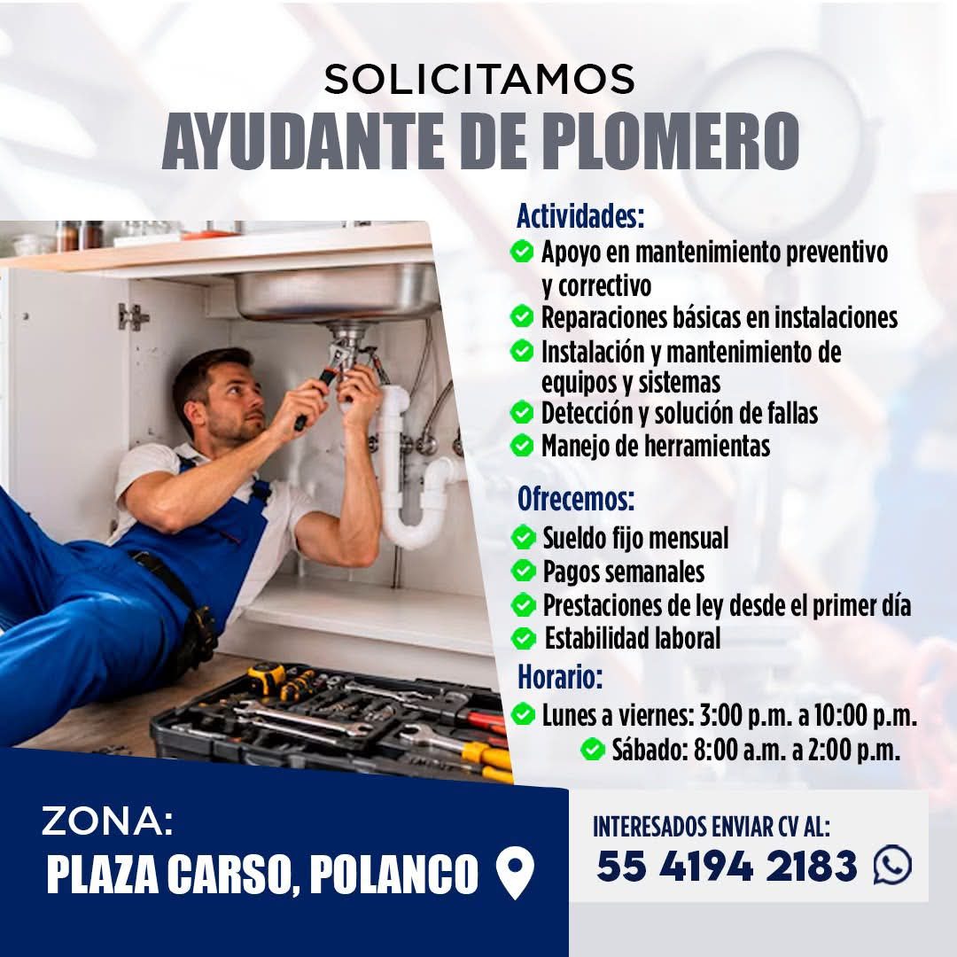 Banner del anuncio de la vacante: SOLICITAMOS · AYUDANTE DE PLOMERO · Actividades: · • Apoyo en mantenimiento preventivo · y correctivo · Reparaciones básicas en instalacione
