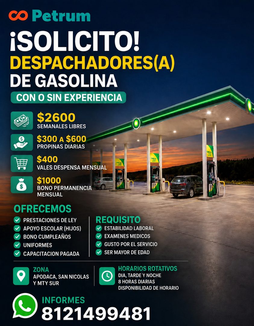 Banner del anuncio de la vacante: co Petrum · ¡SOLICITO! · DESPACHADORES(A) · DE GASOLINA · CON O SIN EXPERIENCIA · $2600 · SEMANALES LIBRES · $300 A $600 · PROPINAS DIARIAS 