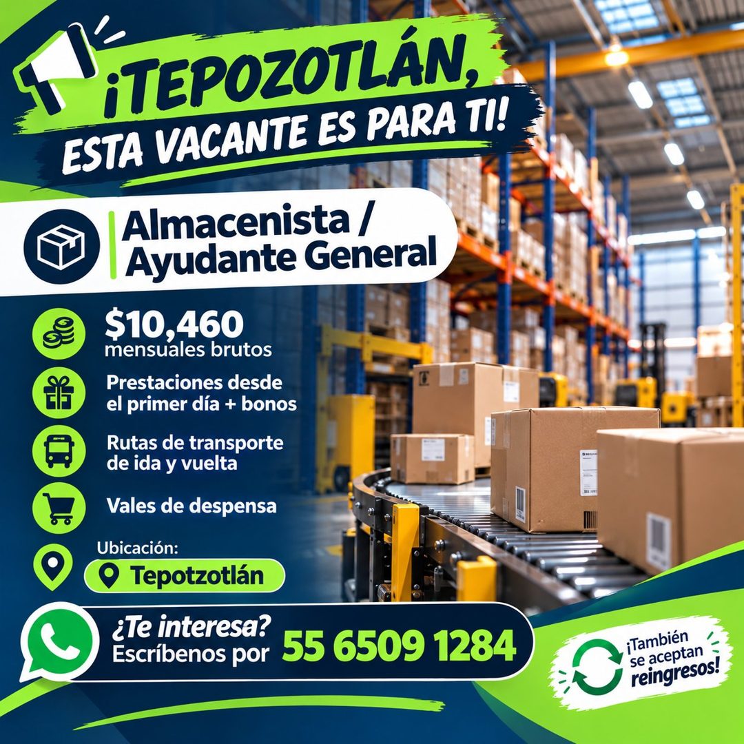 Banner del anuncio de la vacante: ¡TEPOZOTLÁN, · ESTA VACANTE ES PARA TI! · Almacenista / · Ayudante General · $10,460 · mensuales brutos · Prestaciones desde · el primer día